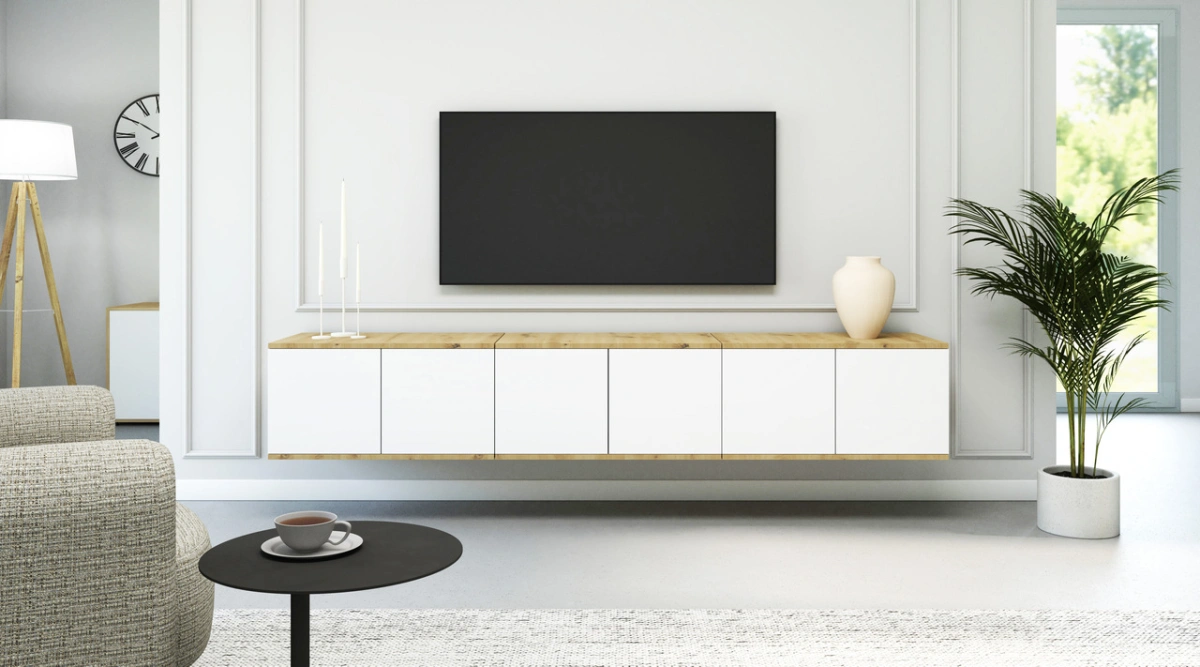 Scandinavian-style wall-mounted TV cabinet, 210 cm, "Seville"