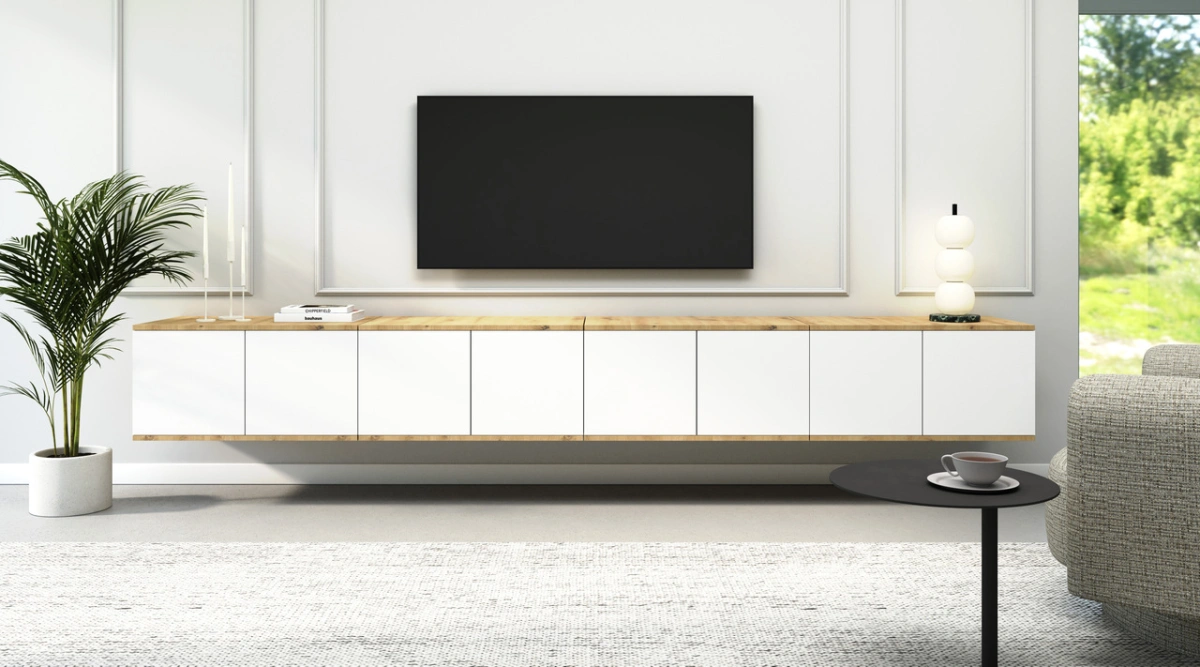 Scandinavian-style wall-mounted TV cabinet, 280 cm, "Seville"