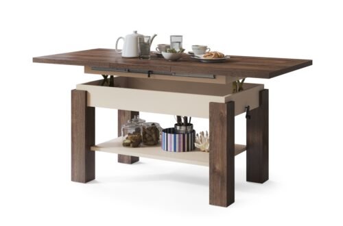 ASTORIA Brown/Beige Oak (Champagne) – FOLDING, LIFTABLE COFFEE TABLE WITH SHELF