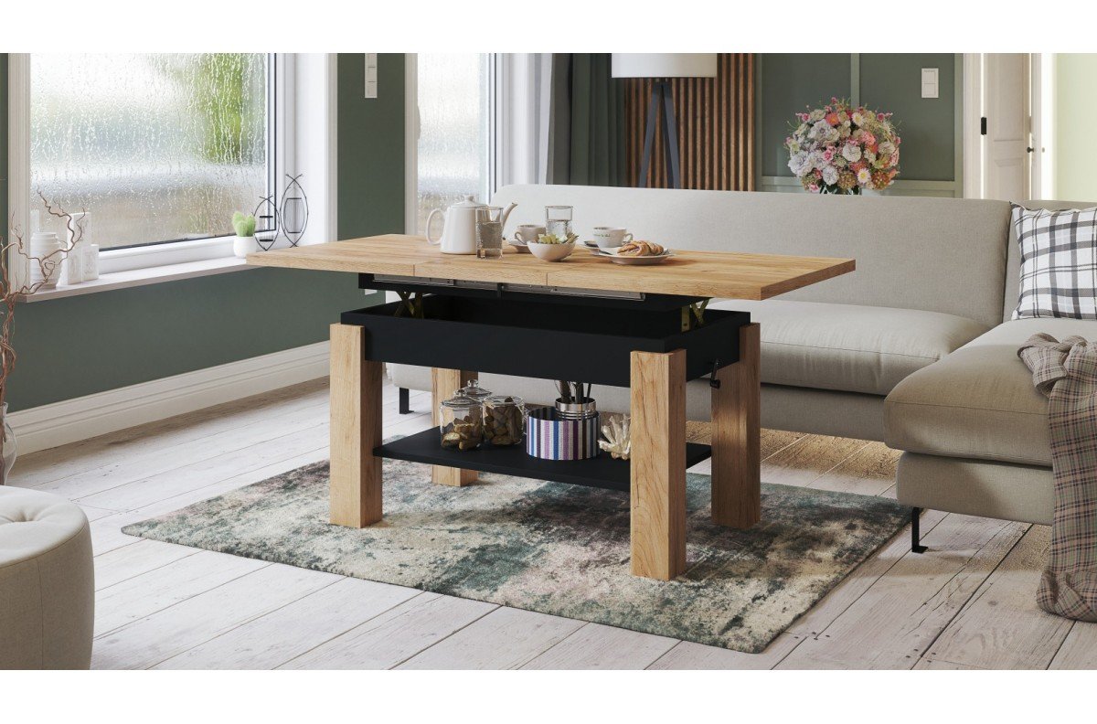 ASTORIA Craft oak gold/matte black - FOLDING LIFT COFFEE TABLE WITH SHELF - Image 2