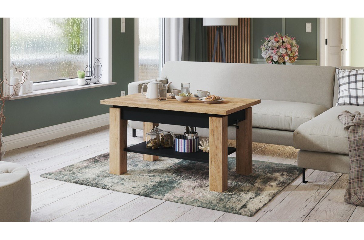 ASTORIA Craft oak gold/matte black - FOLDING LIFT COFFEE TABLE WITH SHELF - Image 3
