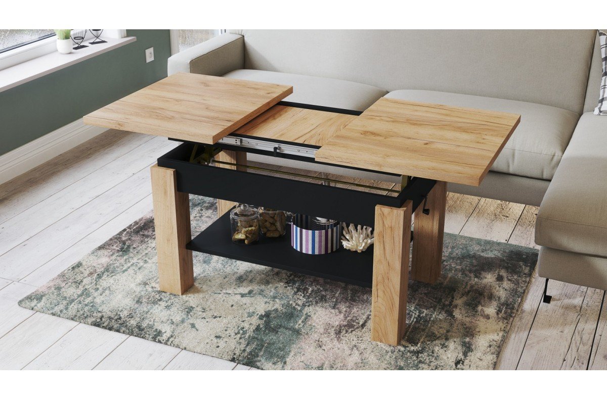 ASTORIA Craft oak gold/matte black - FOLDING LIFT COFFEE TABLE WITH SHELF - Image 4