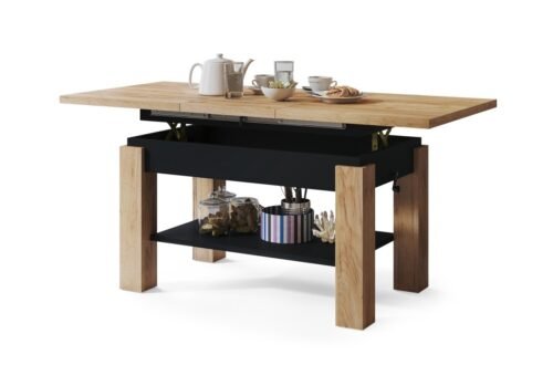 ASTORIA Craft oak gold/matte black – FOLDING LIFT COFFEE TABLE WITH SHELF