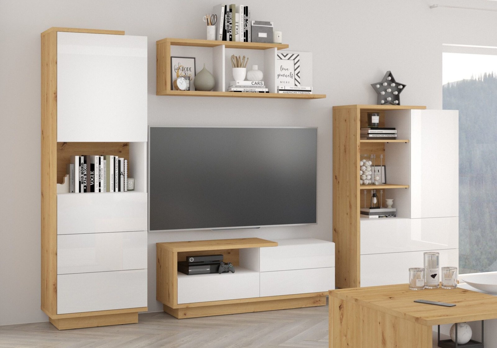 HYBRID #1 living room furniture, bookshelf, TV cabinet, shelf, artisan oak, white glossy colorHYBRID