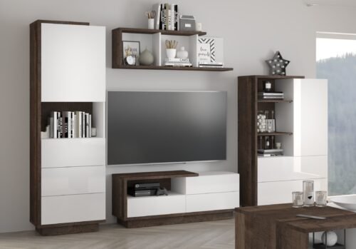 HYBRID #1 living room furniture, shelf, TV cabinet, oak color, white glossy colorHYBRID
