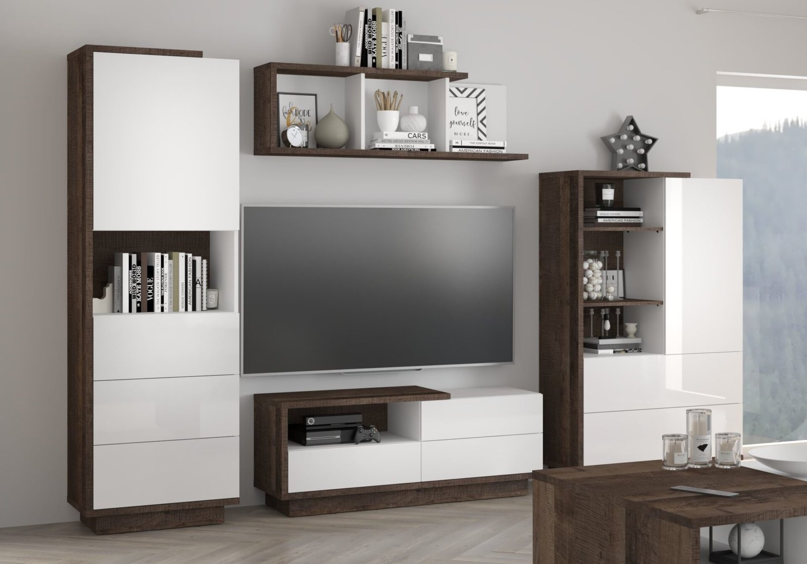HYBRID #1 living room furniture, shelf, TV cabinet, oak color, white glossy colorHYBRID