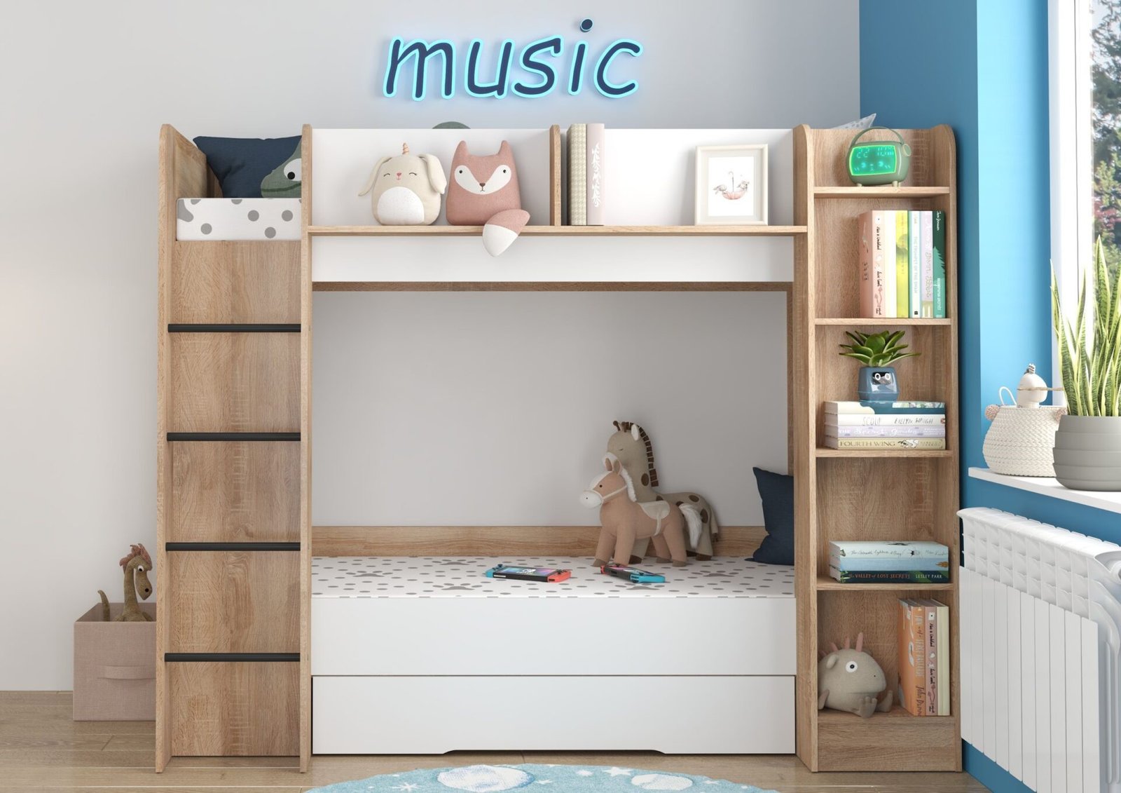 Children's bunk bed for youth, 2 persons, 80x200, EVEST, sonoma, white - Image 4