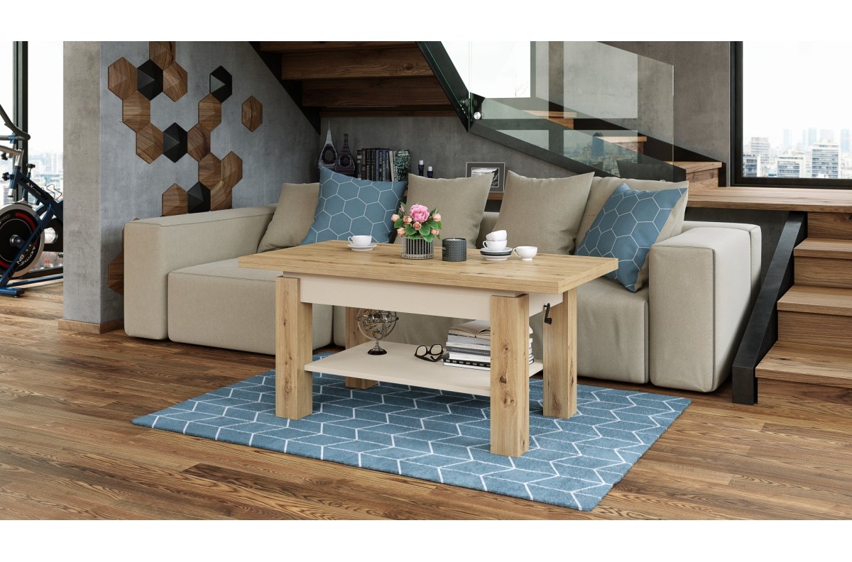 BRAWO Artisan Oak/Beige (Champagne) - Coffee table with extendable and liftable table top Coffee table with shelf - Image 3