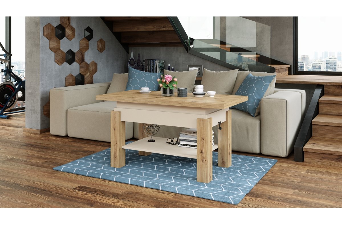 BRAWO Artisan Oak/Beige (Champagne) - Coffee table with extendable and liftable table top Coffee table with shelf - Image 4