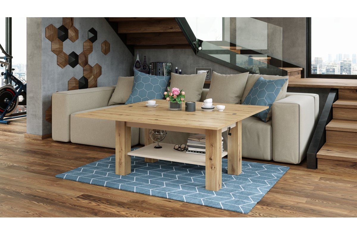 BRAWO Artisan Oak/Beige (Champagne) - Coffee table with extendable and liftable table top Coffee table with shelf - Image 5