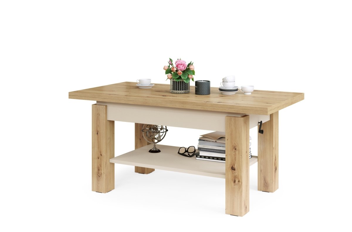 BRAWO Artisan Oak/Beige (Champagne) - Coffee table with extendable and liftable table top Coffee table with shelf - Image 7