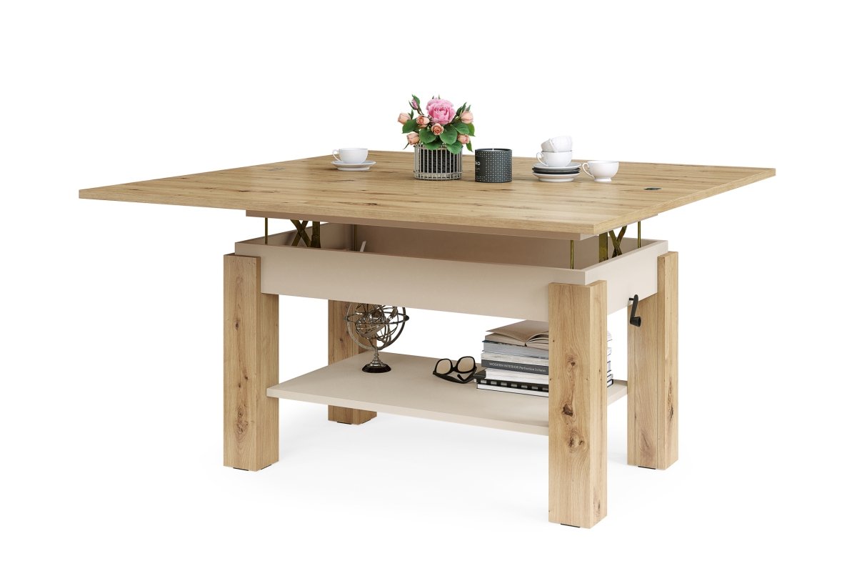 BRAWO Artisan Oak/Beige (Champagne) - Coffee table with extendable and liftable table top Coffee table with shelf