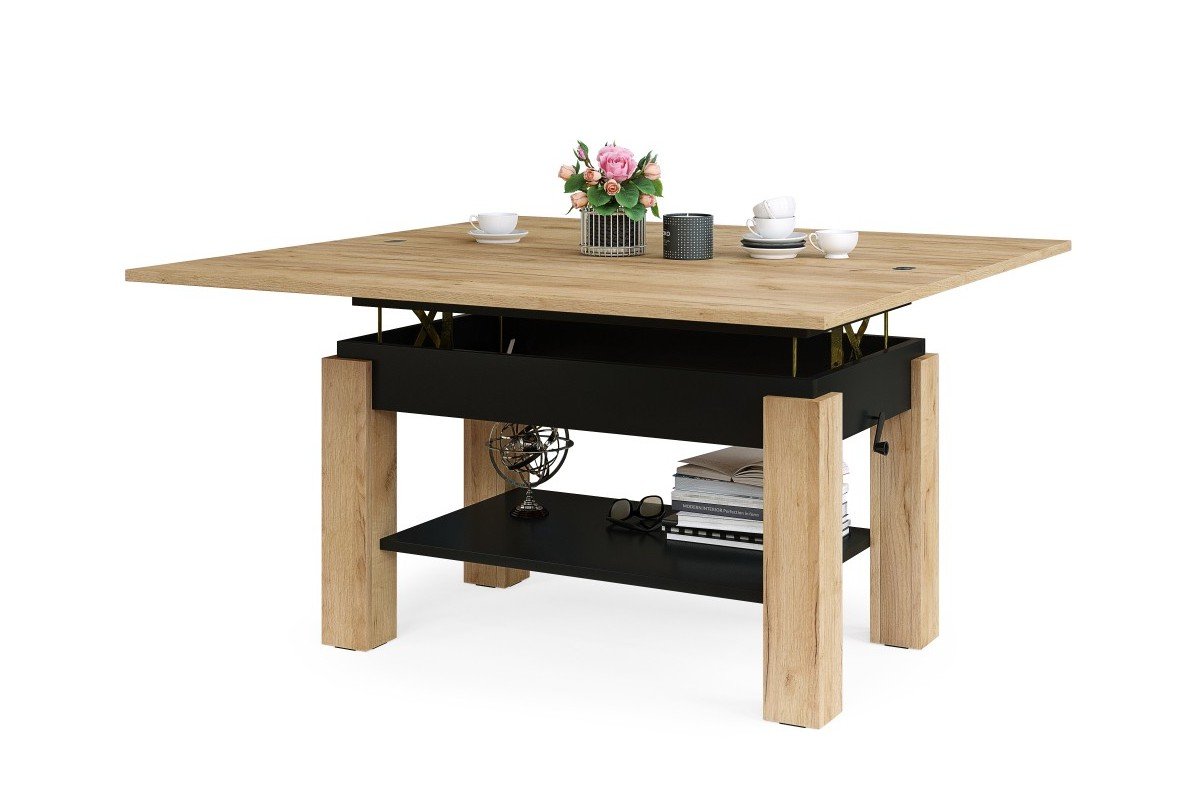 BRAWO Craft oak gold/matte black - coffee table with extendable and liftable table top coffee table with shelf