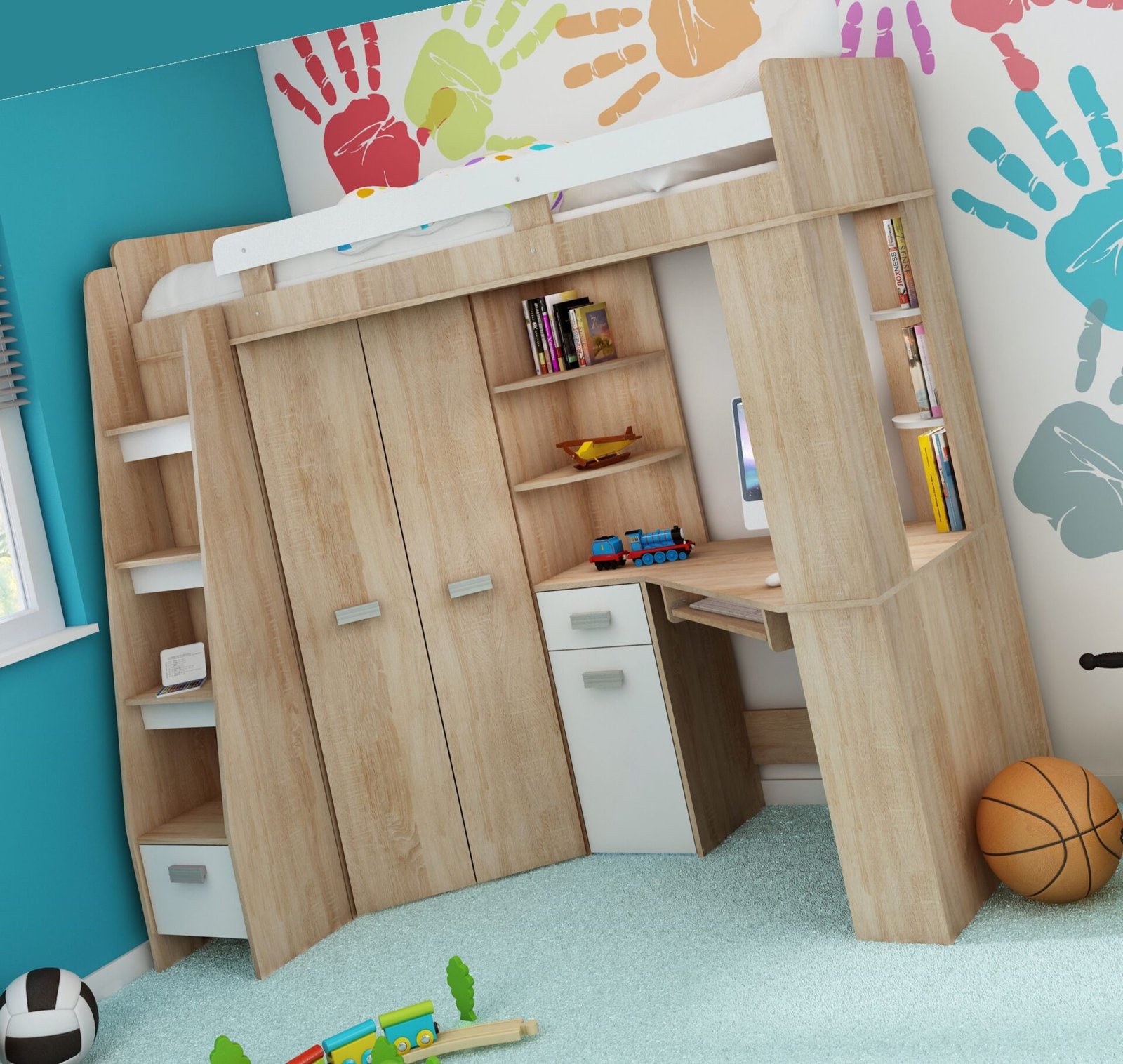 SOLA L bunk bed with table, corner wardrobe, mezzanine, Sonoma oak, white - Image 6