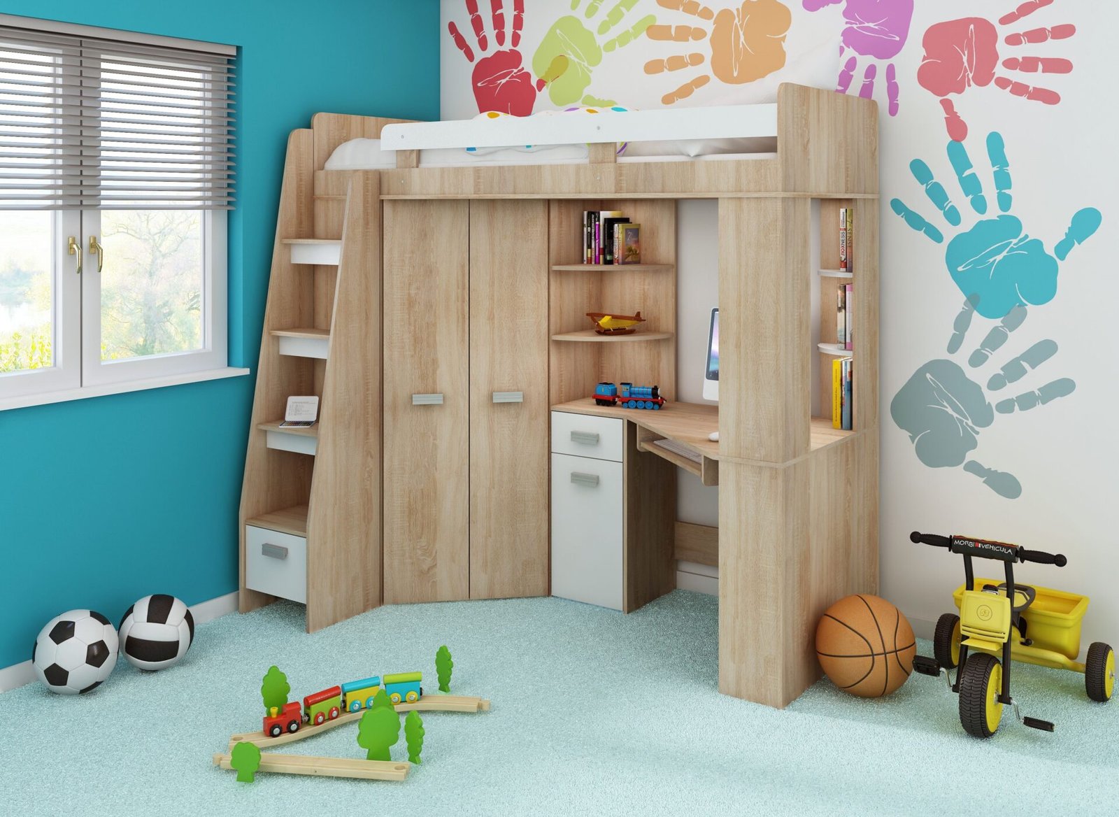 SOLA L bunk bed with table, corner wardrobe, mezzanine, Sonoma oak, white