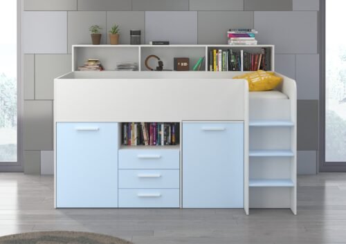 Children’s bunk bed for youth, mezzanine ENO P, white, blue
