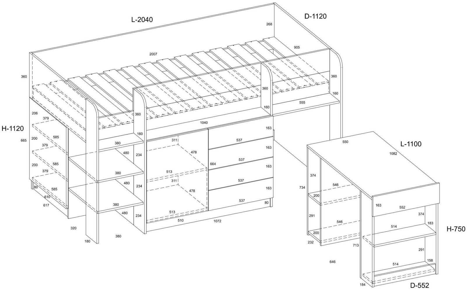 EMI L-shaped loft bed, desk, chest of drawers, oak color gold/white - Image 5