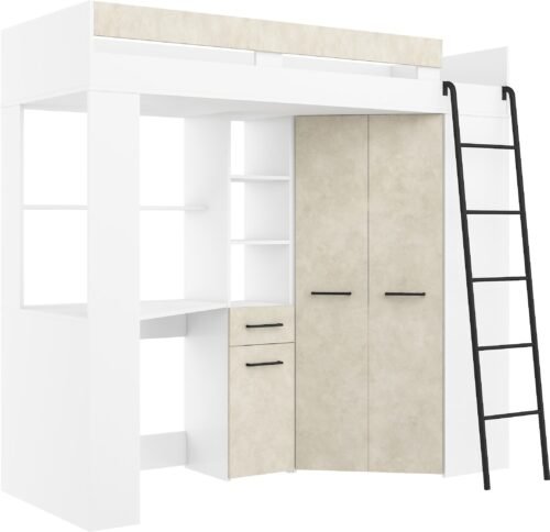 Bunk bed with desk, corner wardrobe, mezzanine FLO P, white granite, almond color