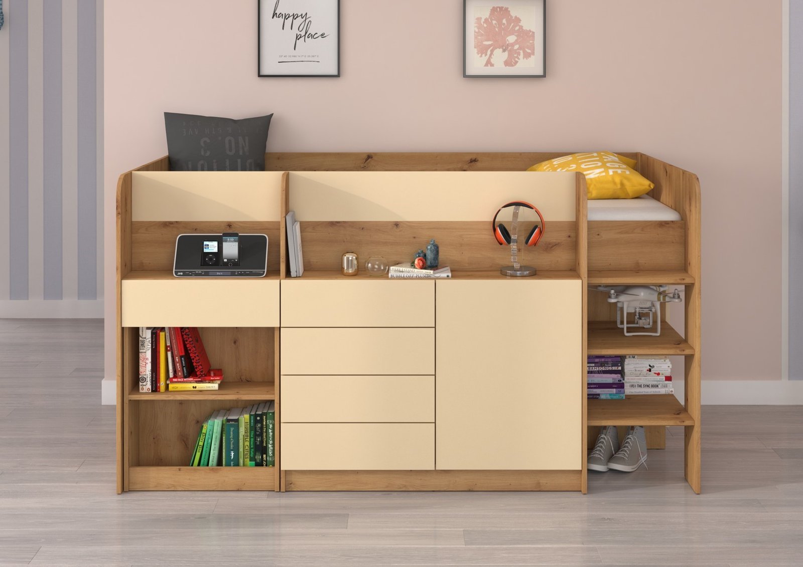 EMI P bunk bed, desk, chest of drawers, mezzanine, Artisan Oak Cream - Image 3