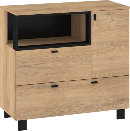 VEGAS 01 chest of drawers with legs for living room, cremona oak, black