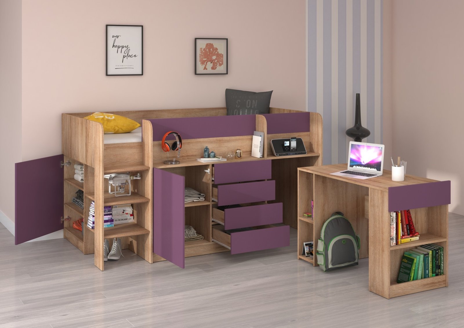 EMI L bunk bed, desk, chest of drawers, mezzanine, Sonoma oak, purple - Image 4