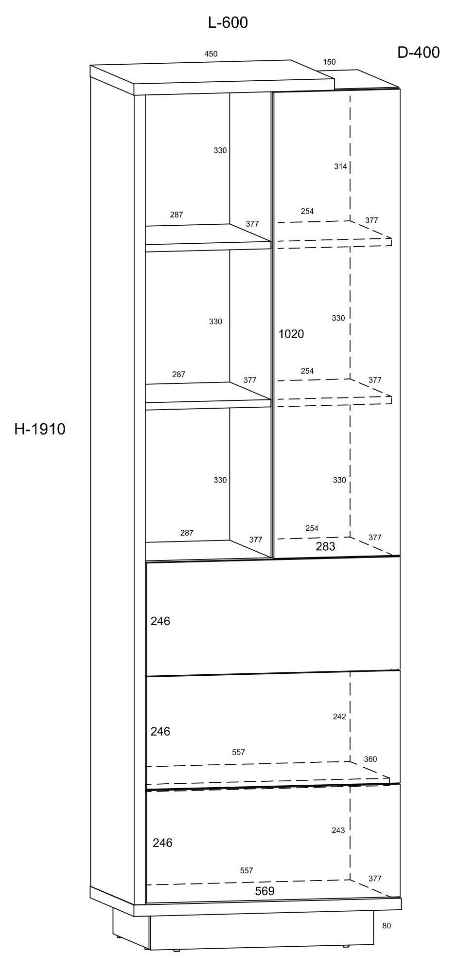 HYBRID 19 high furniture shelf with shelves, drawer, door, cremona oak, whiteHYBRID - Image 2
