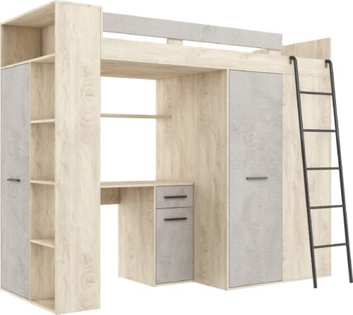 RAVENA P mezzanine with table, wardrobe and chest of drawers, painted oak, concrete