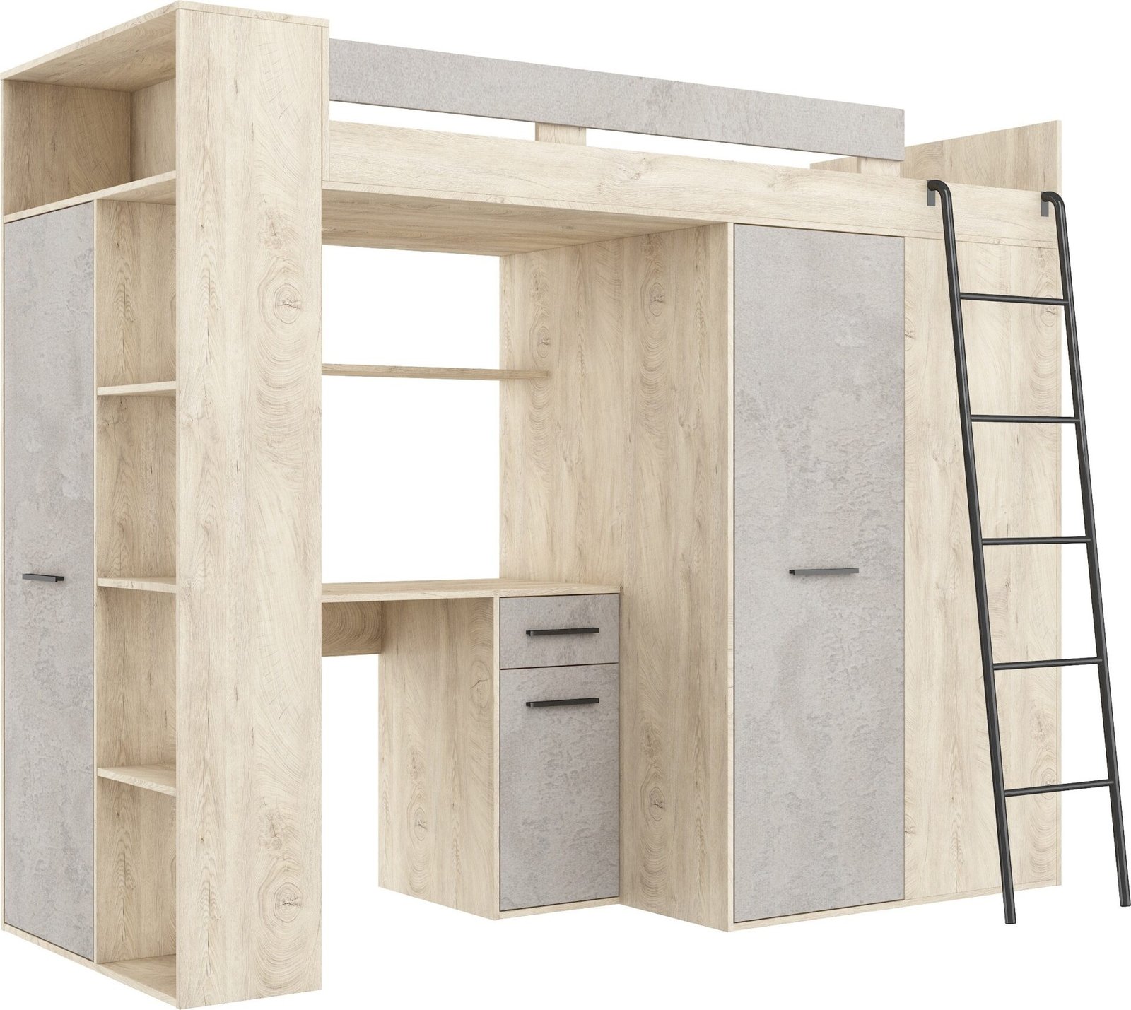 RAVENA P mezzanine with table, wardrobe and chest of drawers, painted oak, concrete
