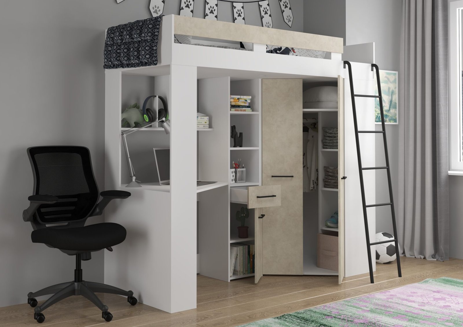 Bunk bed with desk, corner wardrobe, mezzanine FLO P, white granite, almond color - Image 5