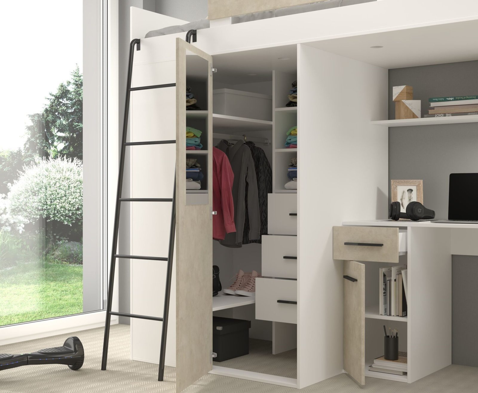 RAVENA L mezzanine with desk, wardrobe and chest of drawers, white, almond color - Image 5