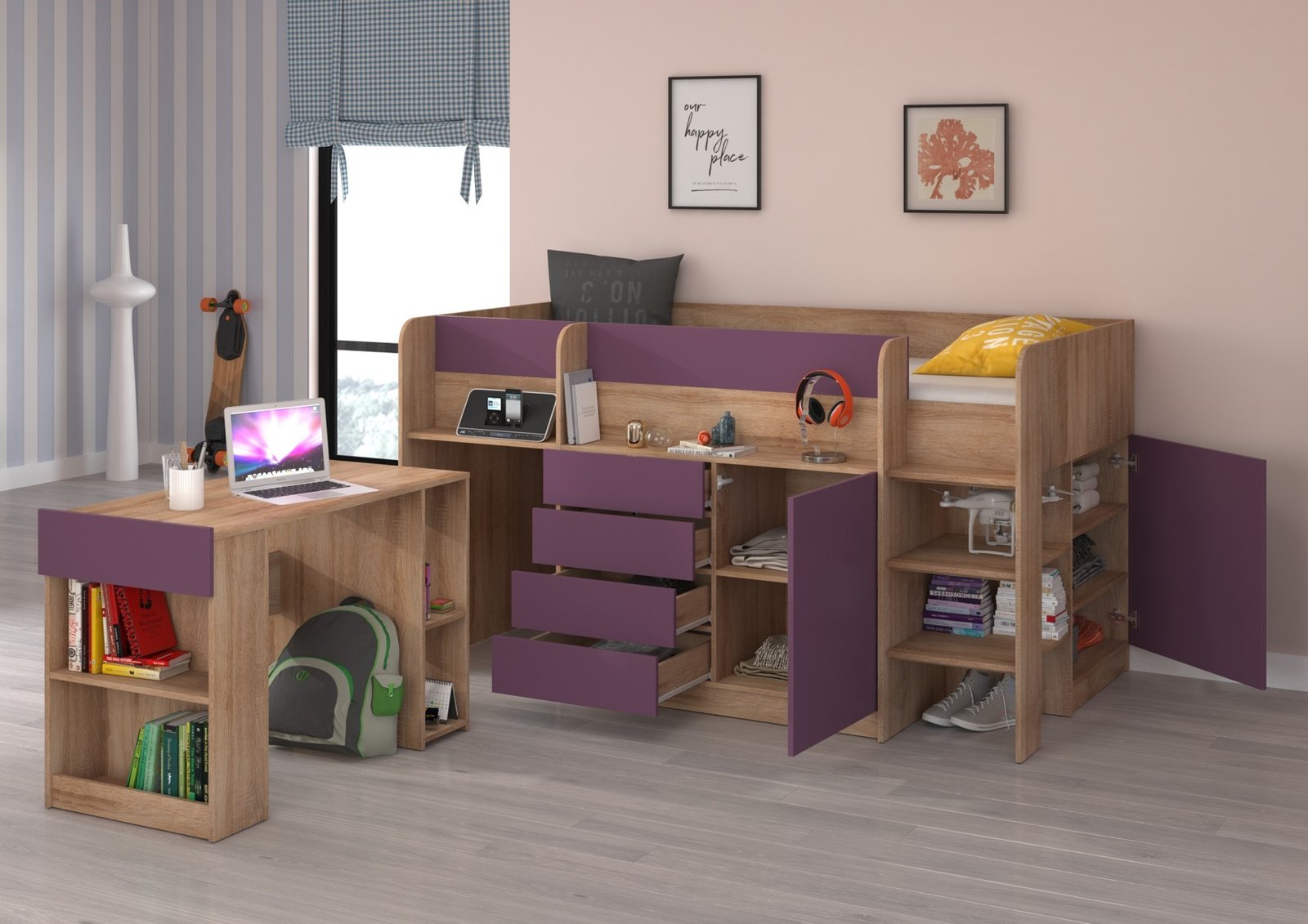 EMI P bunk bed, desk, chest of drawers, mezzanine, Sonoma oak, purple - Image 4