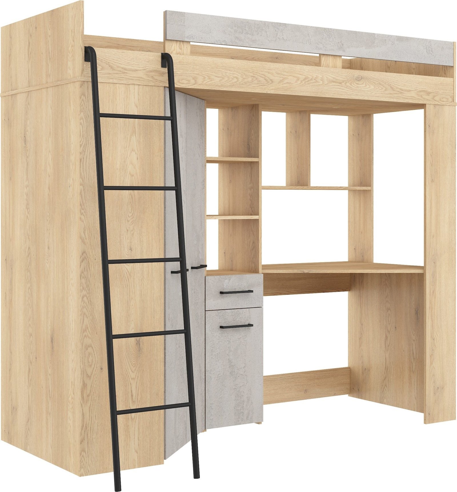 Bunk bed with table, corner wardrobe, mezzanine FLO L, Cremona oak, concrete - Image 6