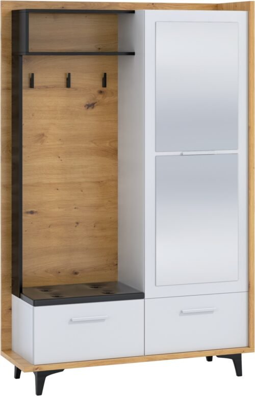 BOX 05 furniture hallway cabinet with seat mirror, “Artisan”, white/black