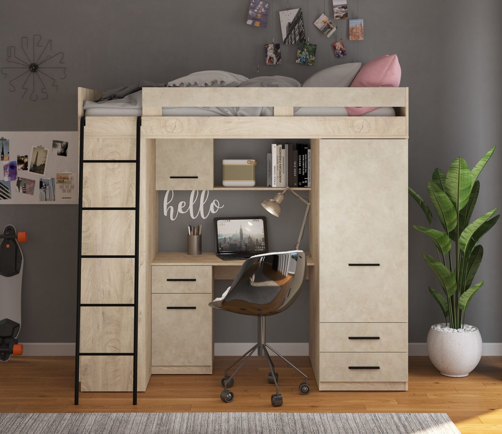 VELVE L mezzanine with table, wardrobe, chest of drawers, engraved oak, almond color - Image 3