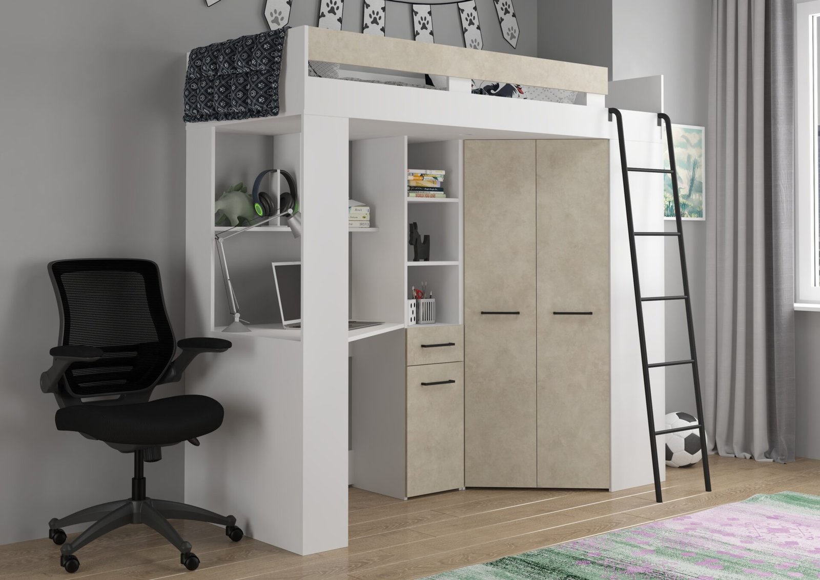 Bunk bed with desk, corner wardrobe, mezzanine FLO P, white granite, almond color - Image 2