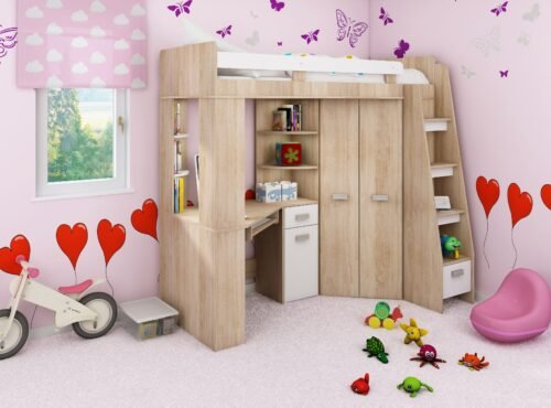 SOLA P bunk bed with table, corner wardrobe, mezzanine, Sonoma oak, white