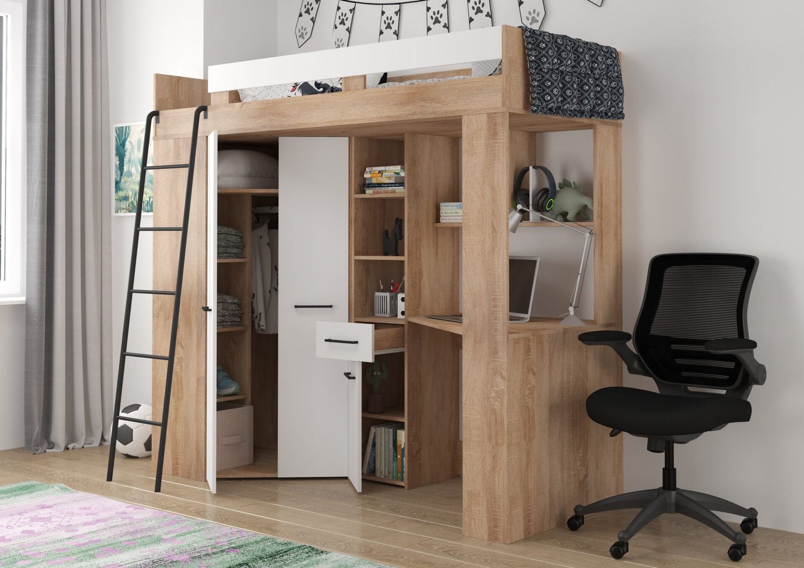 FLO L bunk bed with desk, corner wardrobe, mezzanine, Sonoma oak, white - Image 5