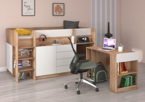 EMI L bunk bed, desk, chest of drawers, mezzanine, Sonoma oak, white