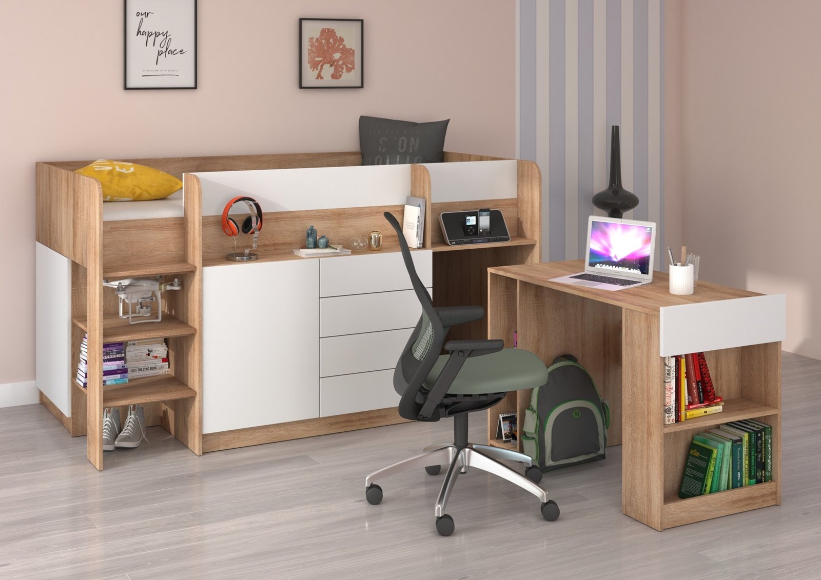 EMI L bunk bed, desk, chest of drawers, mezzanine, Sonoma oak, white
