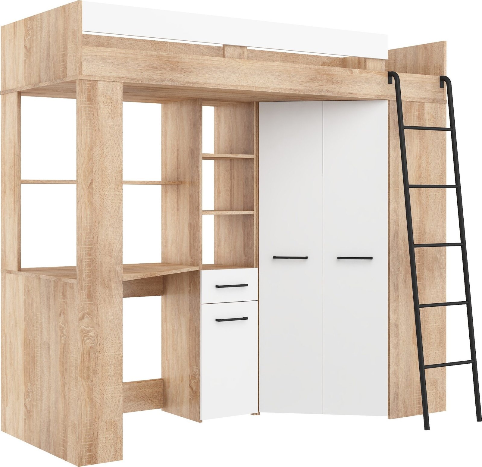 FLO P bunk bed with table, corner wardrobe, mezzanine, Sonoma oak, white