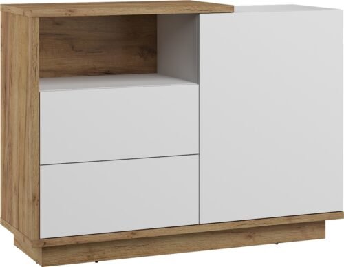 HYBRID 03 furniture chest of drawers with doors and shelf, oak color, gold, white, polishedHYBRID