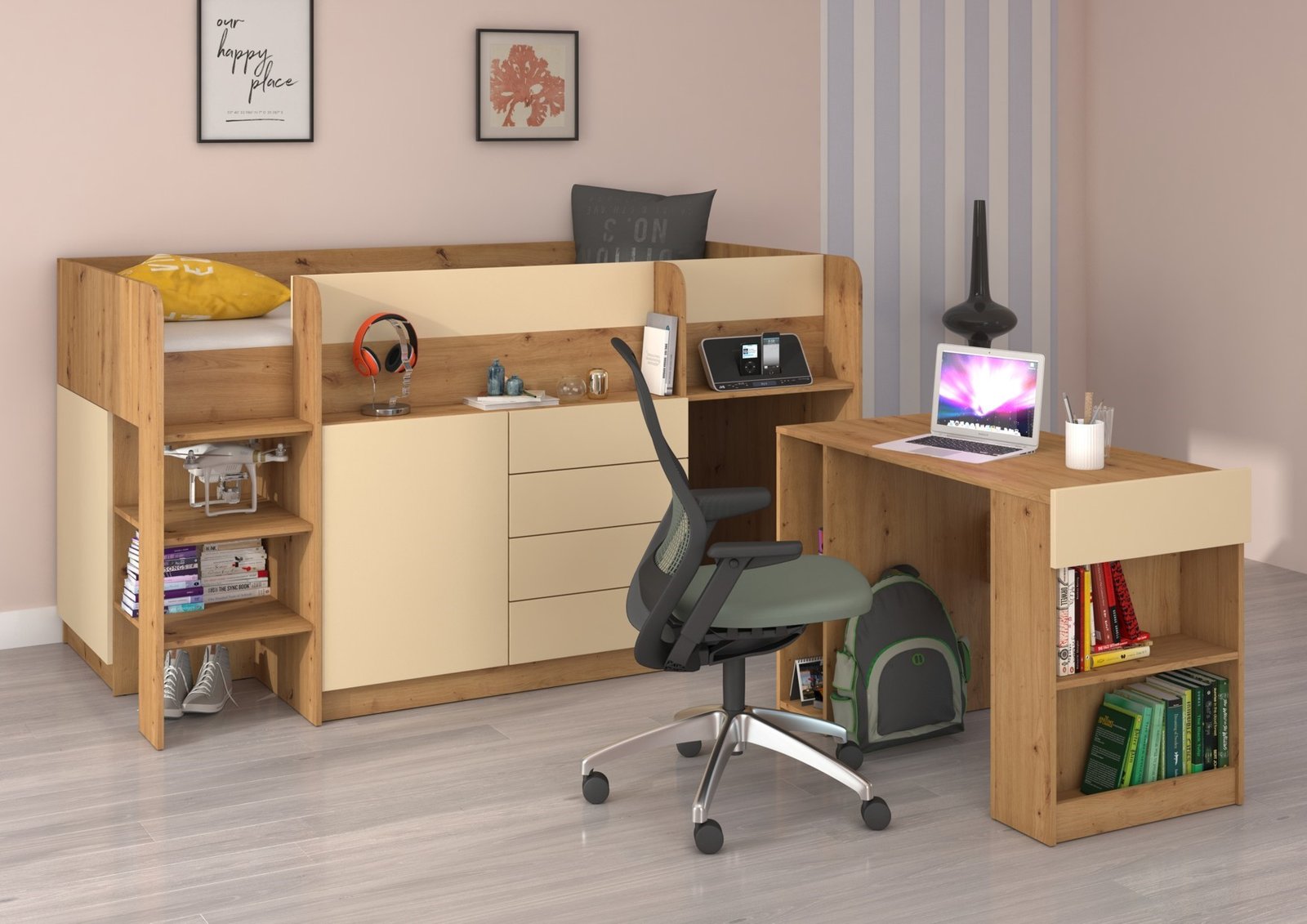 EMI L double bed, desk, chest of drawers, mezzanine, oak furniture, cream color