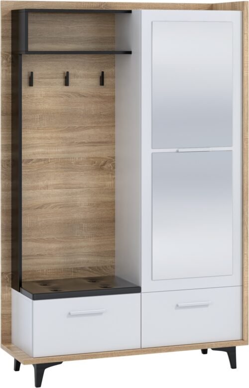 BOX 05 furniture hallway cabinet with seat and mirror, Sonoma white and black