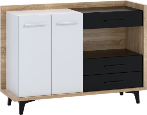 BOX 02 furniture, large chest of drawers for living room, sonoma, white, black