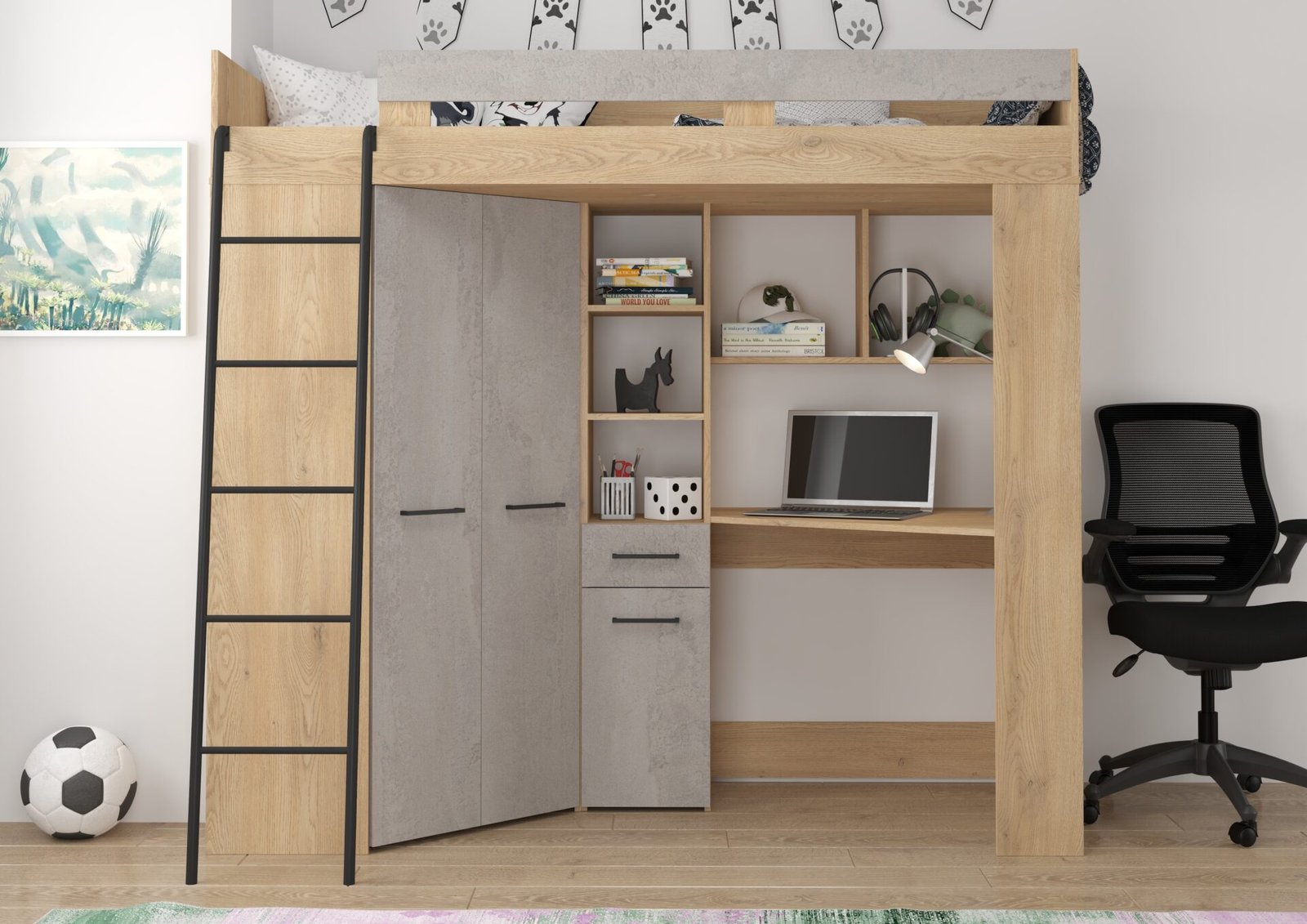 Bunk bed with table, corner wardrobe, mezzanine FLO L, Cremona oak, concrete - Image 4