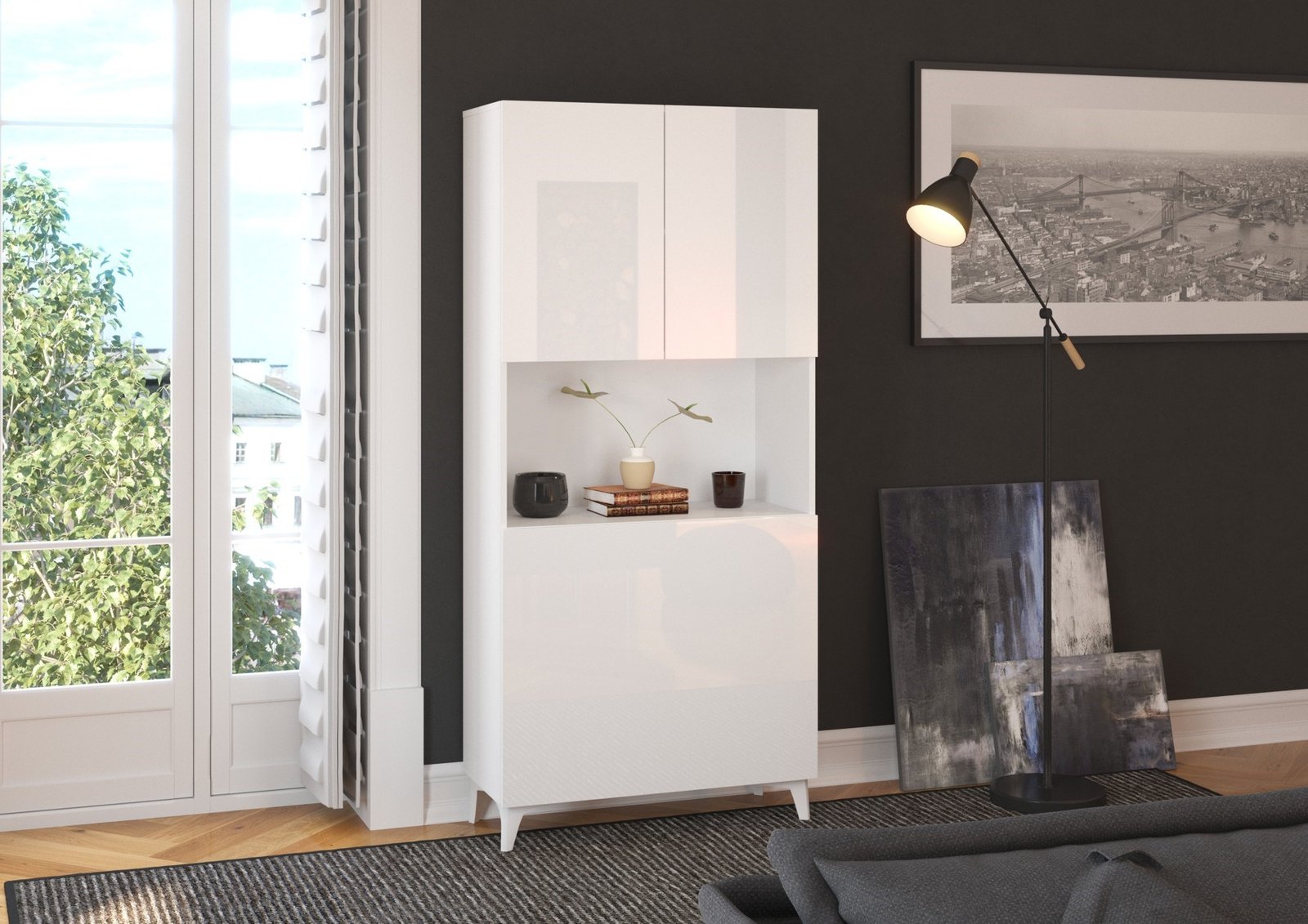 MEGAN furniture 1 shelf + table white / white glossy