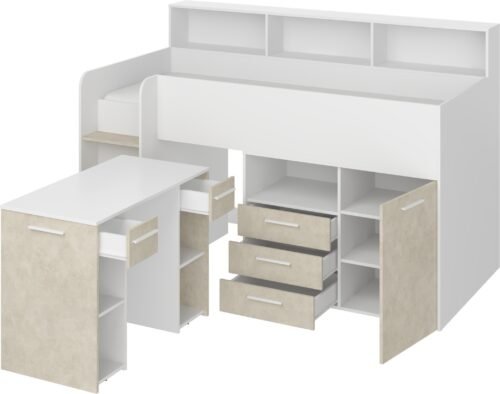 Children’s bunk bed with mezzanine table ENO L, white, almond