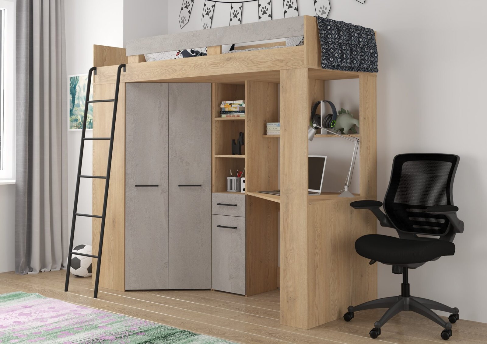 Bunk bed with table, corner wardrobe, mezzanine FLO L, Cremona oak, concrete - Image 2