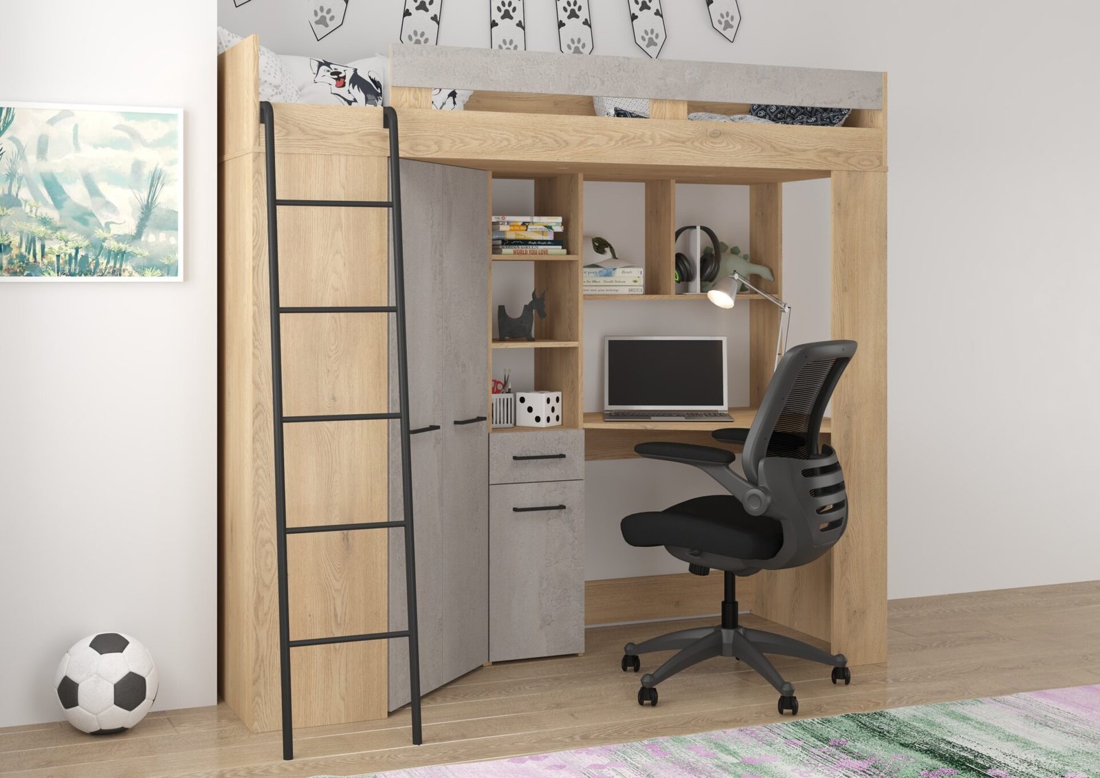 Bunk bed with table, corner wardrobe, mezzanine FLO L, Cremona oak, concrete - Image 3