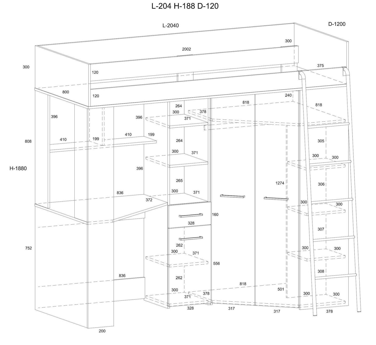 FLO P bunk bed with table, corner wardrobe, mezzanine, Sonoma oak, white - Image 7